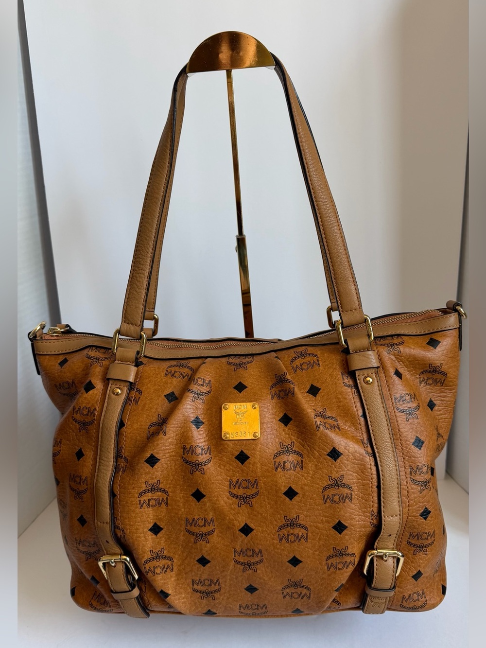 MCM Visetos Cognac Monogram Tote with Gold Hardware